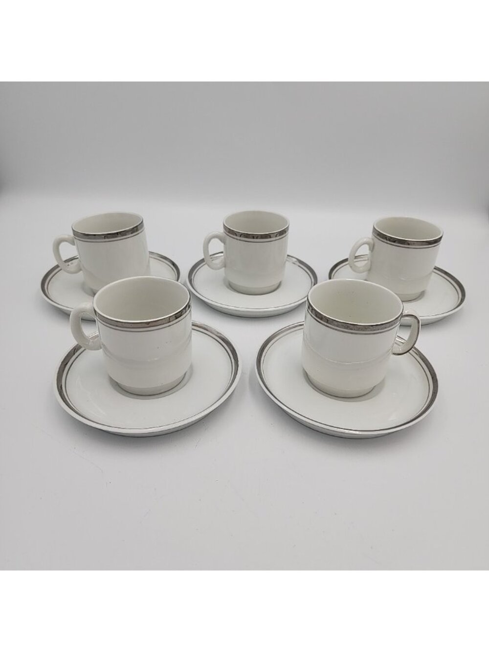 Vintage Unbranded Bone China Porcelain Teacup Saucer White Silver Rim 5 Set
